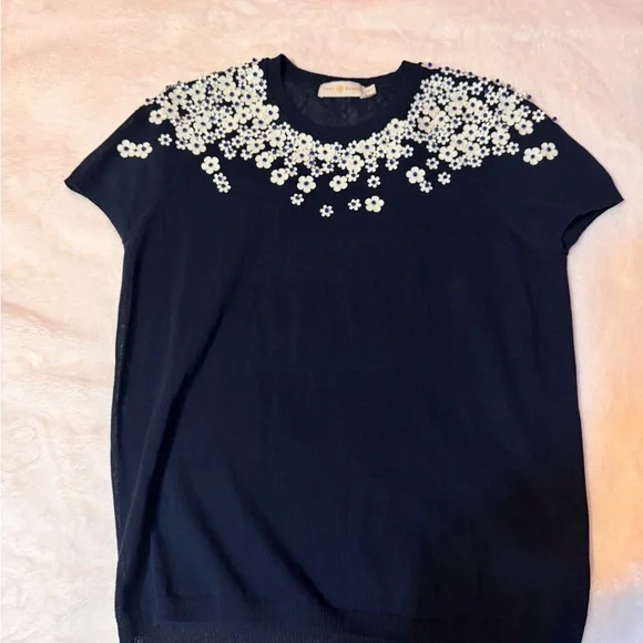 Tory Burch Black Top with White Floral Accents - Picture 3 of 14